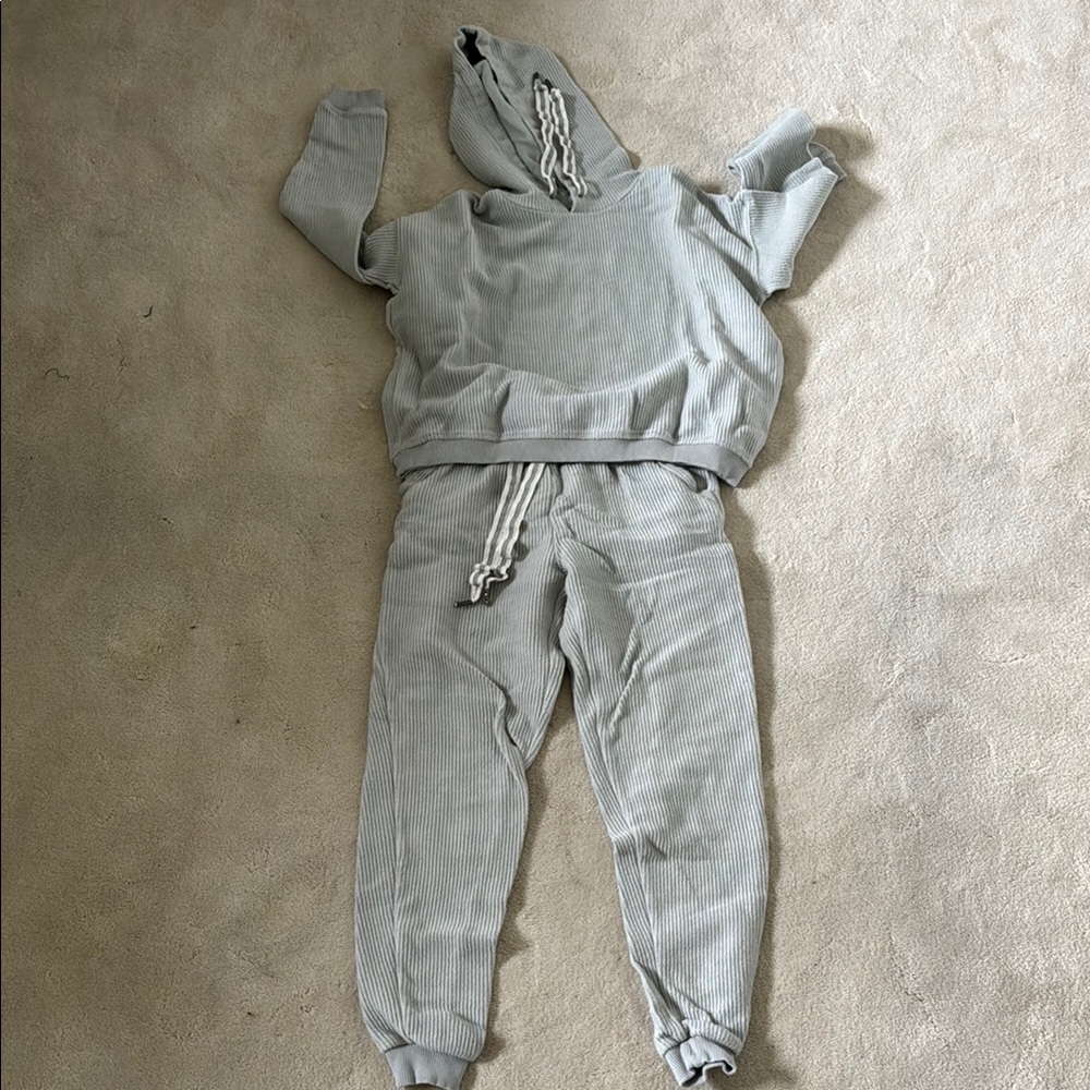 Gray Ribbed Hoodie and Jogger Set